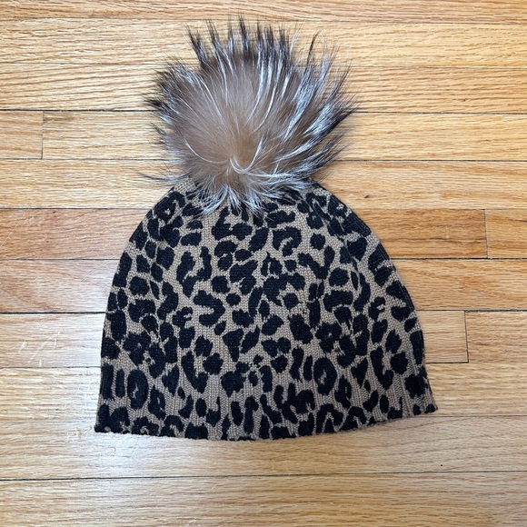 Sofia Cashmere Animal Print Fur Pom Pom Beanie